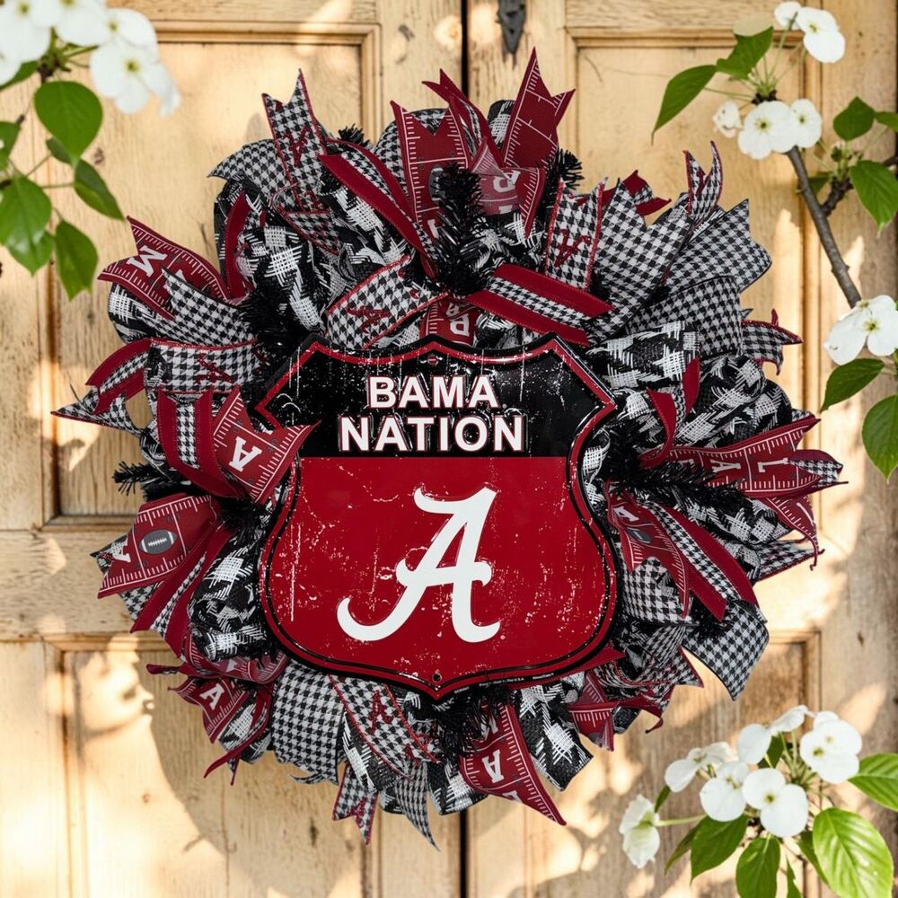 Bama Nation Alabama Front Door Wreath | Roll Tide Decor | Crimson Houndstooth